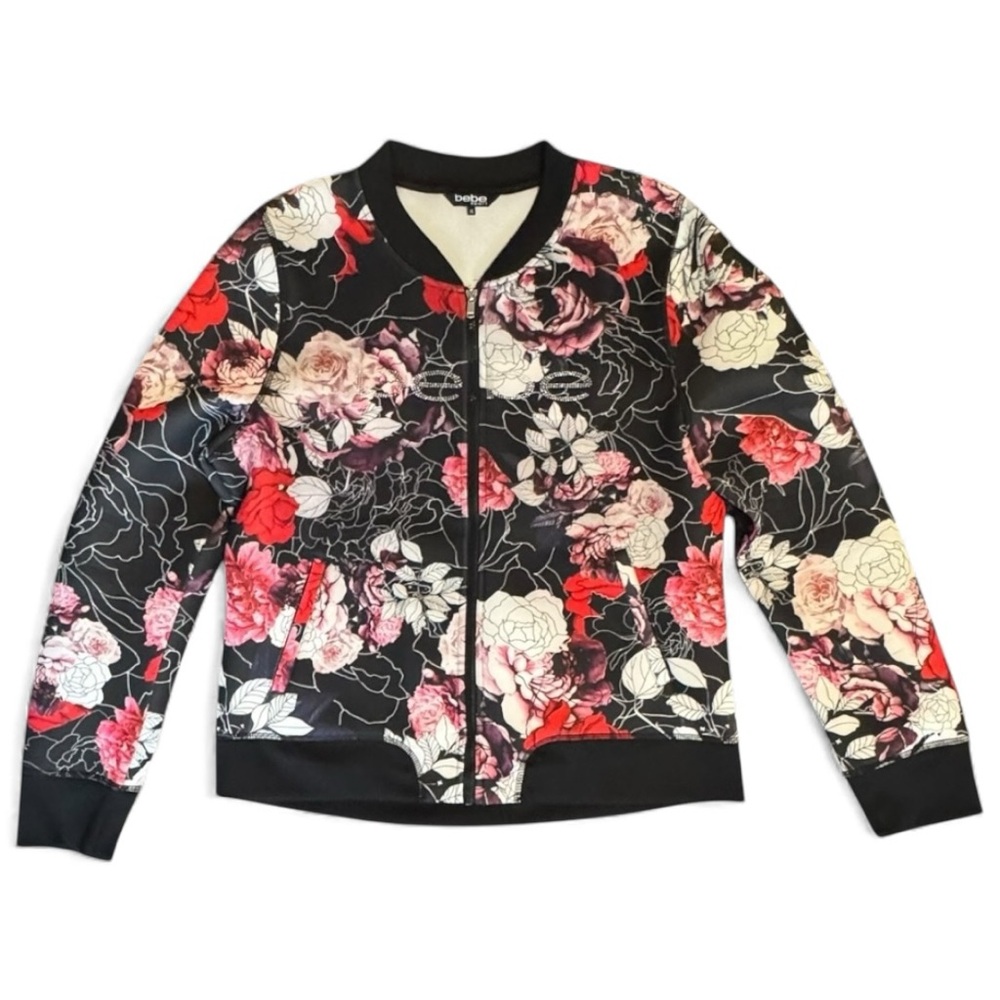 Bebe Sport Y2K Floral Zip Up Bomber Jacket Coat Black Red XL Vintage Streetwear - Picture 3 of 7